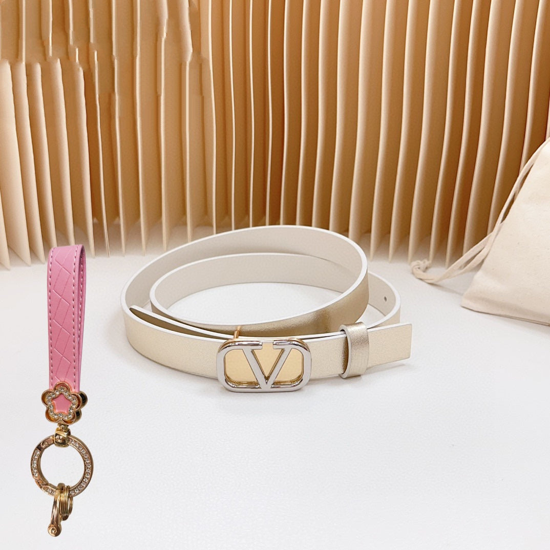 Gold Vlogo and Silver Hardware Buckle Gold White Calfskin 20mm - 30