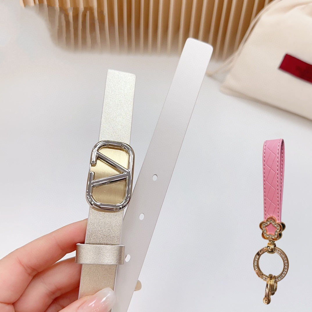 Gold Vlogo and Silver Hardware Buckle Gold White Calfskin 20mm - 30