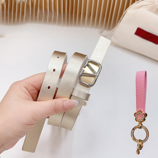 Gold Vlogo and Silver Hardware Buckle Gold White Calfskin 20mm - 30