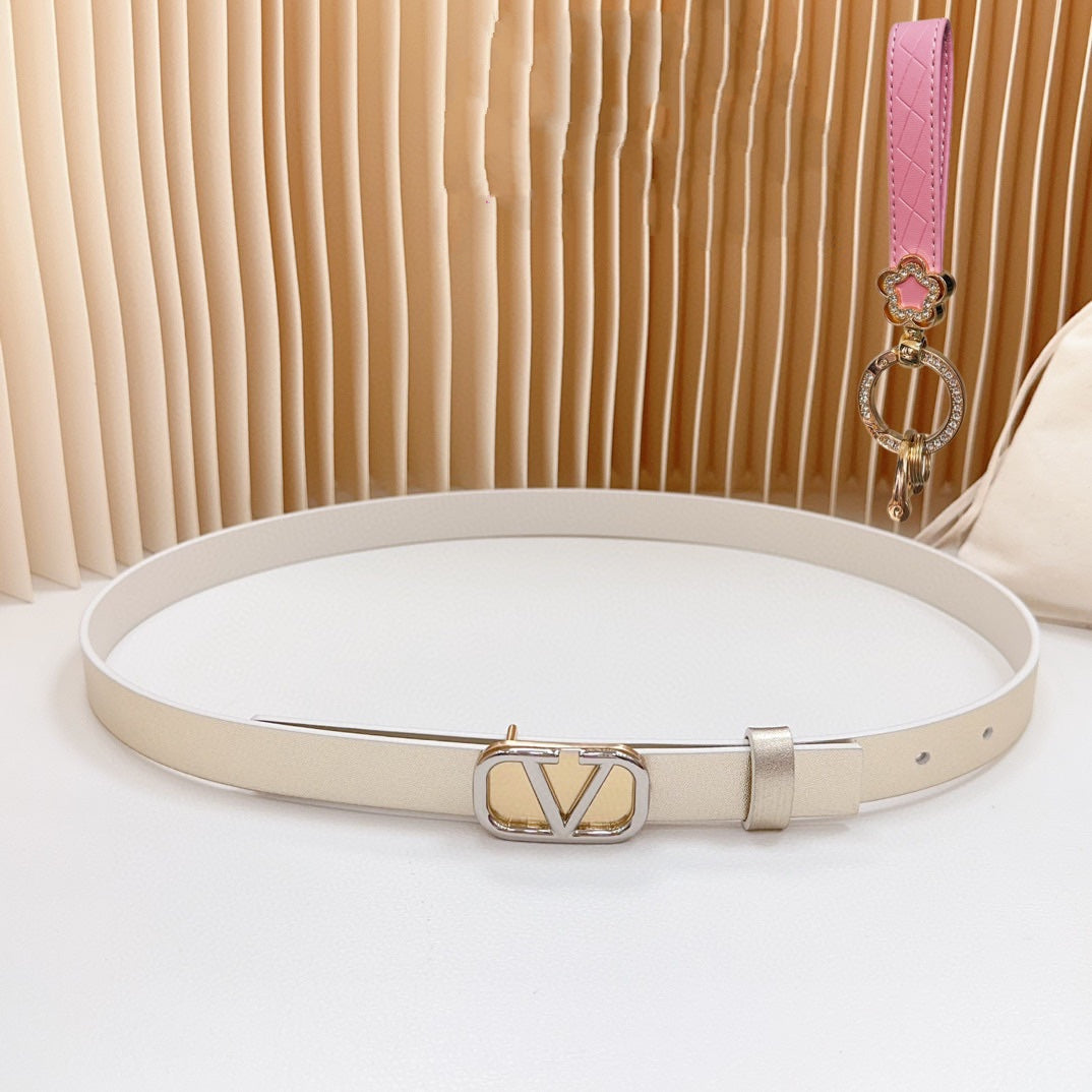 Gold Vlogo and Silver Hardware Buckle Gold White Calfskin 20mm - 30