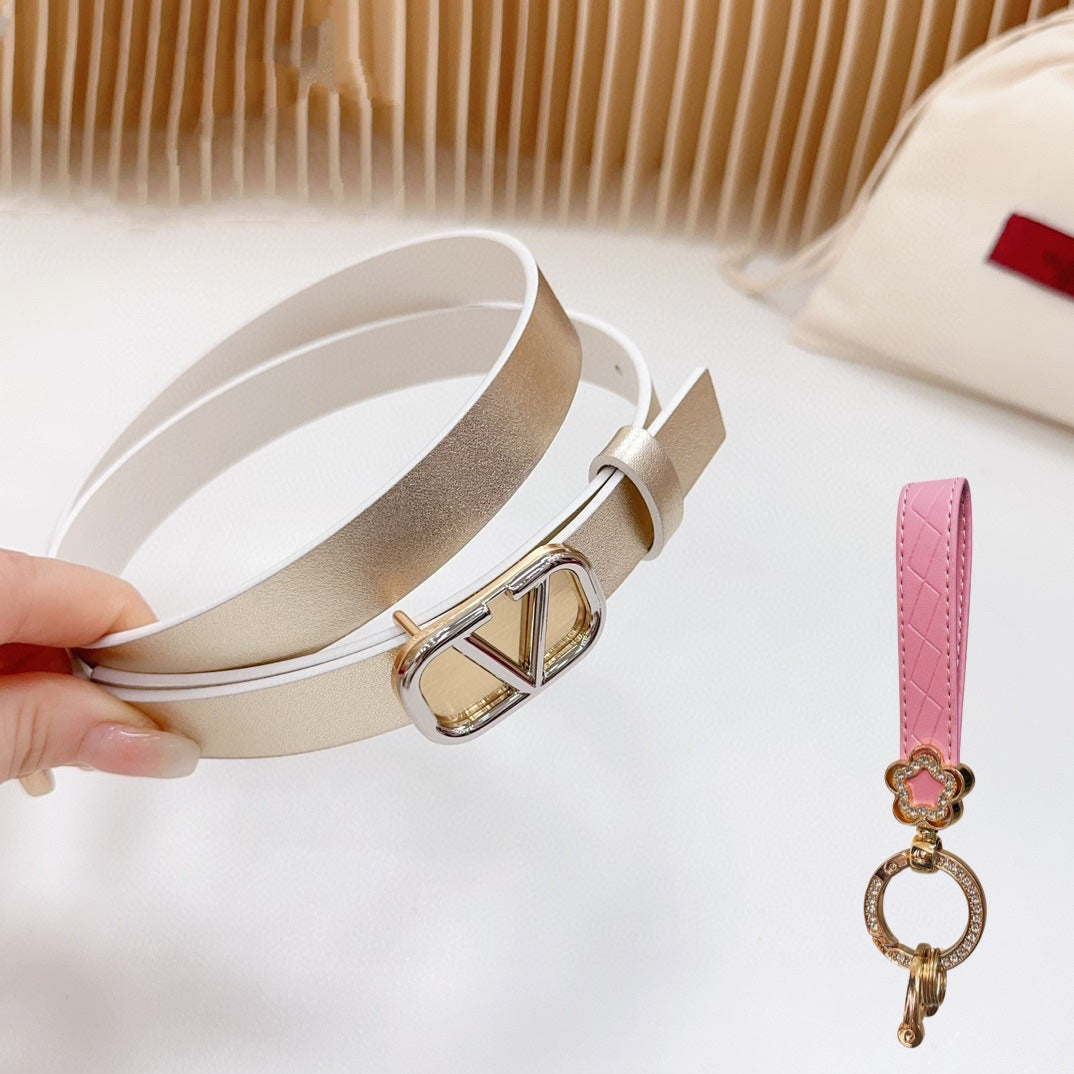 Gold Vlogo and Silver Hardware Buckle Gold White Calfskin 20mm - 30