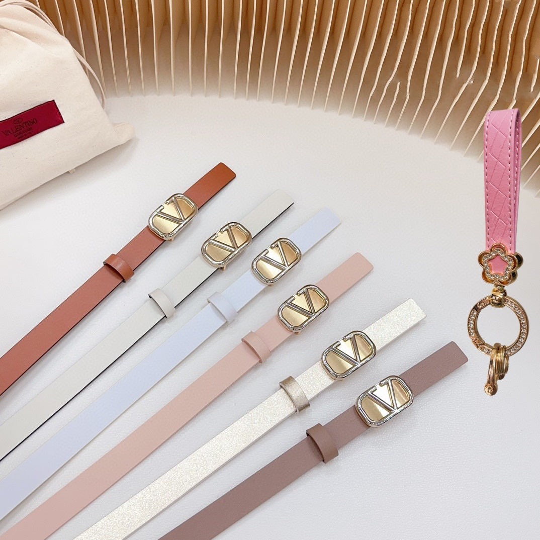 Gold Vlogo and Silver Hardware Buckle Gold White Calfskin 20mm - 30