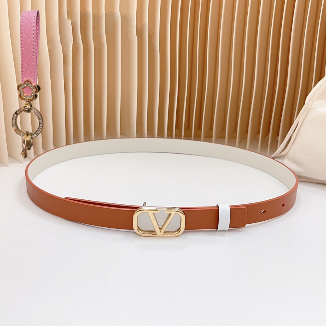 Gold Vlogo and Silver Hardware Buckle Tan White Calfskin 20mm - 30