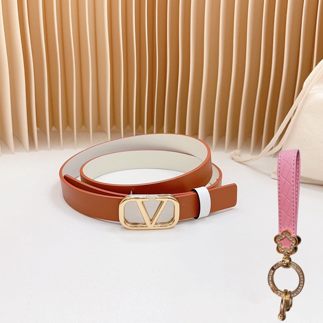 Gold Vlogo and Silver Hardware Buckle Tan White Calfskin 20mm - 30