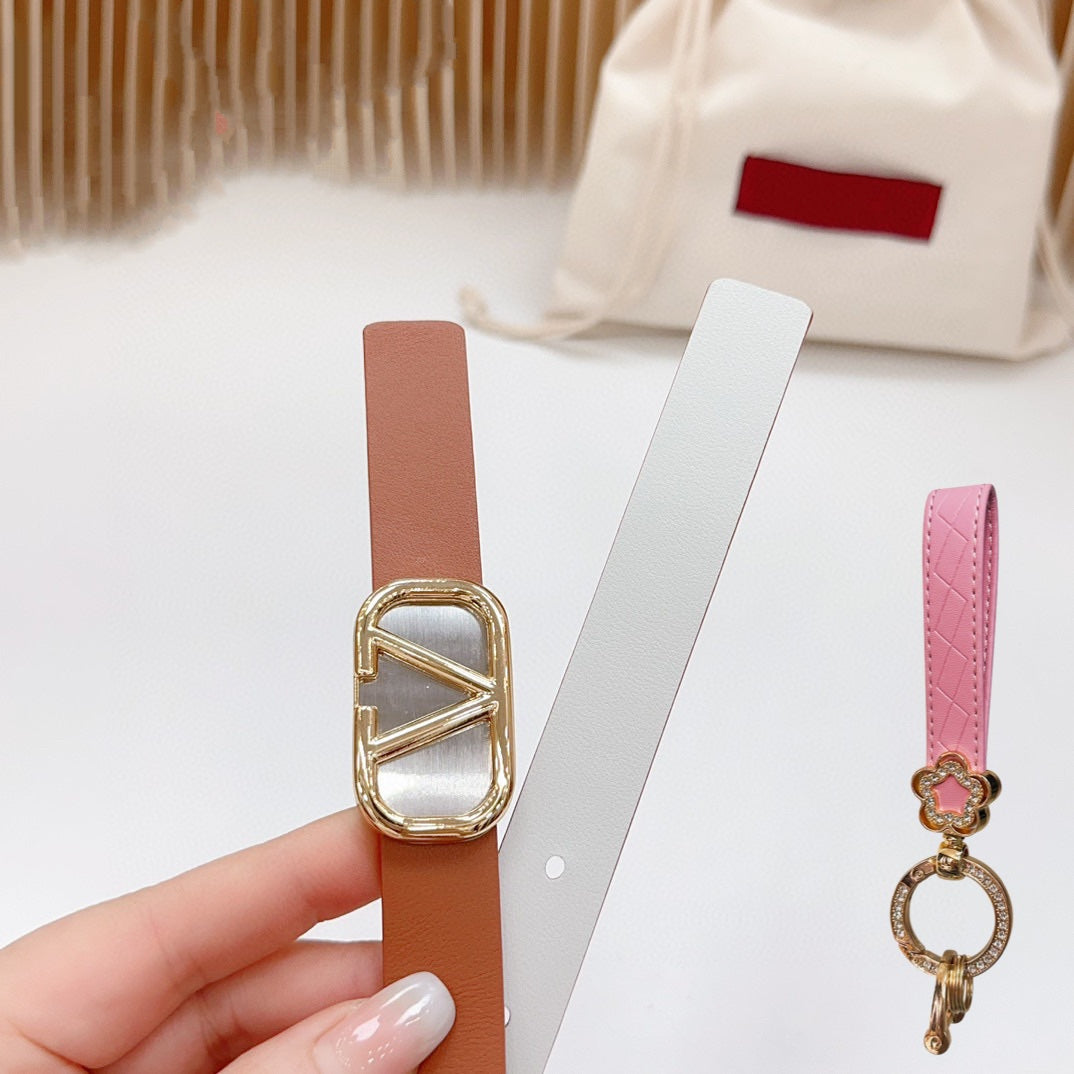 Gold Vlogo and Silver Hardware Buckle Tan White Calfskin 20mm - 30