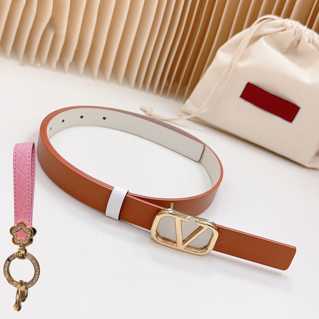 Gold Vlogo and Silver Hardware Buckle Tan White Calfskin 20mm - 30