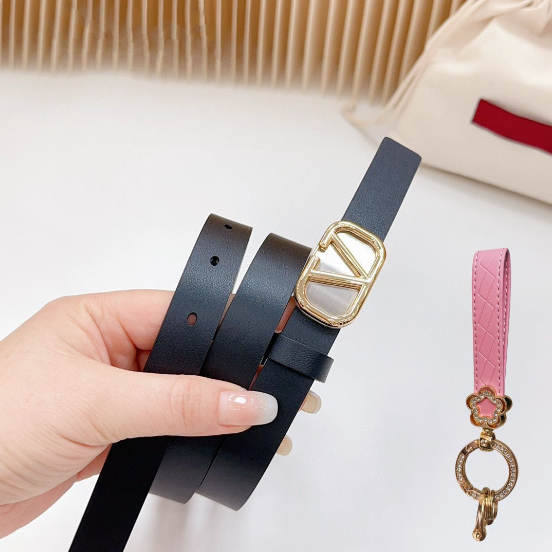 Gold Vlogo and Silver Hardware Buckle Black Calfskin 20mm - 30