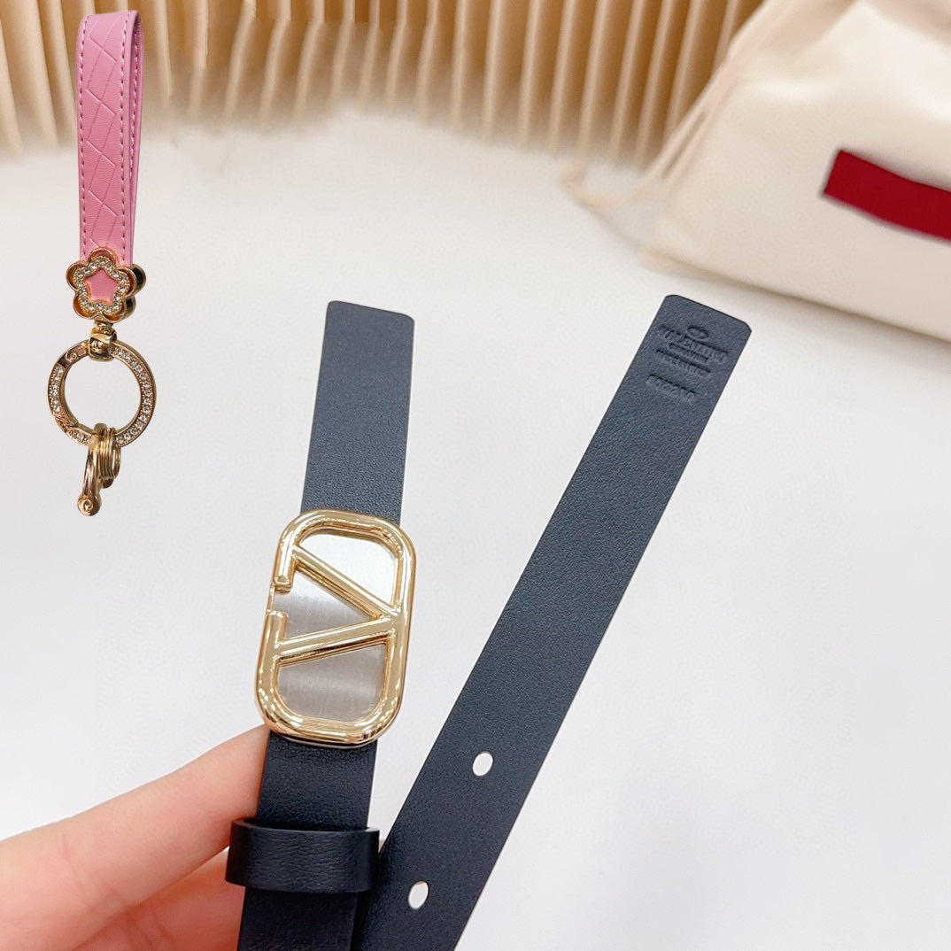 Gold Vlogo and Silver Hardware Buckle Black Calfskin 20mm - 30