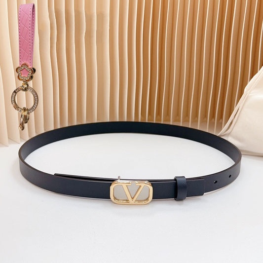 Gold Vlogo and Silver Hardware Buckle Black Calfskin 20mm - 30