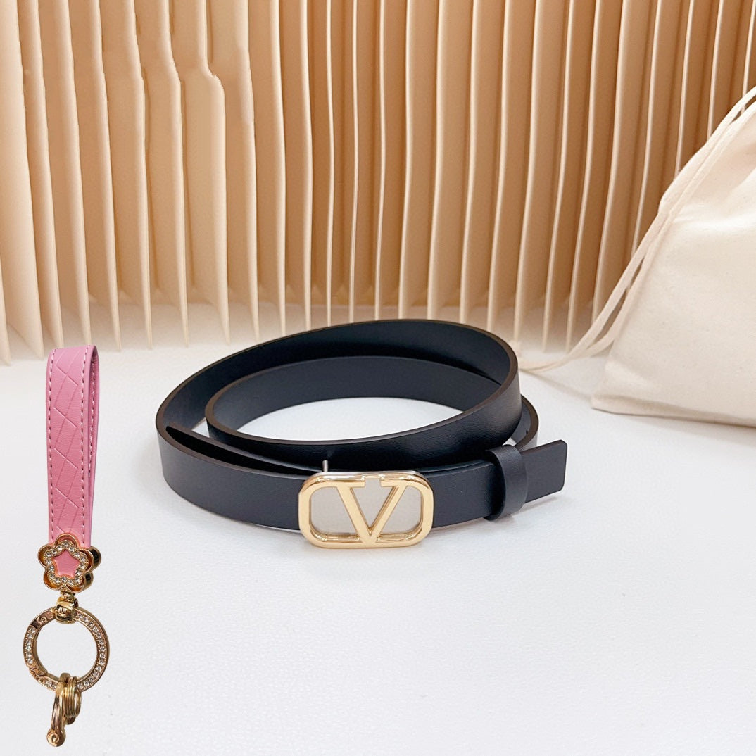 Gold Vlogo and Silver Hardware Buckle Black Calfskin 20mm - 30