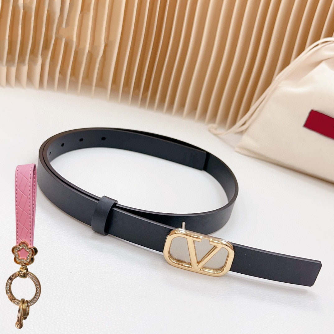 Gold Vlogo and Silver Hardware Buckle Black Calfskin 20mm - 30