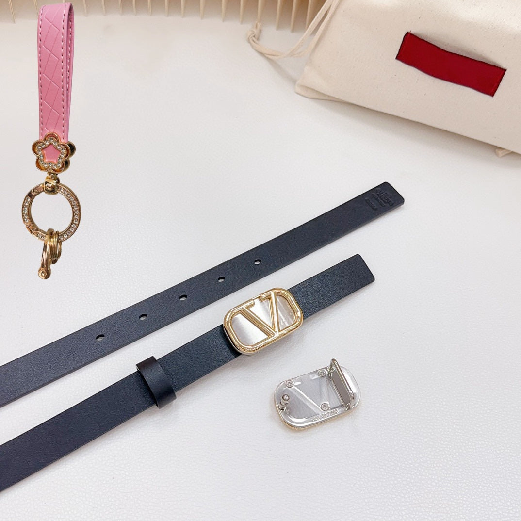 Gold Vlogo and Silver Hardware Buckle Black Calfskin 20mm - 30
