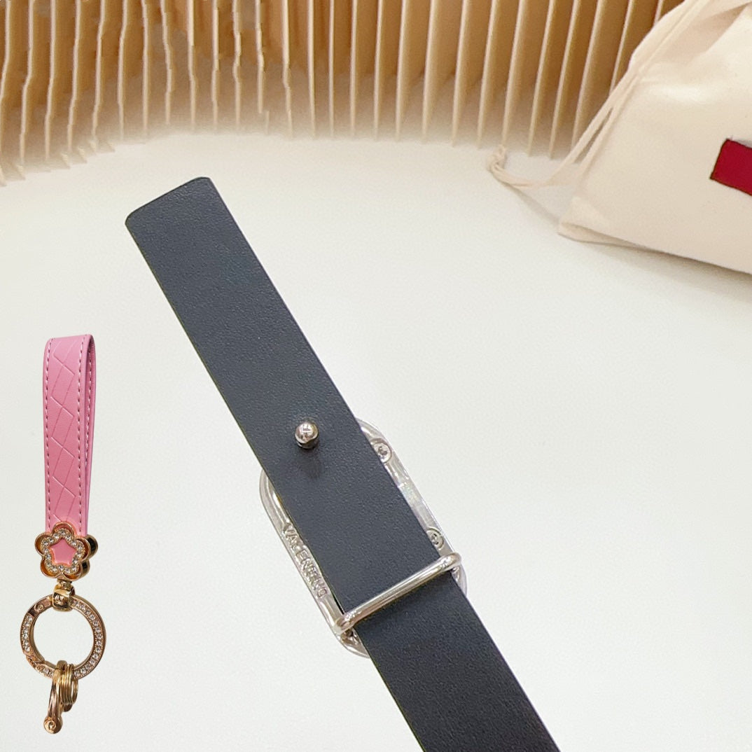 Gold Vlogo and Silver Hardware Buckle Black Calfskin 20mm - 30