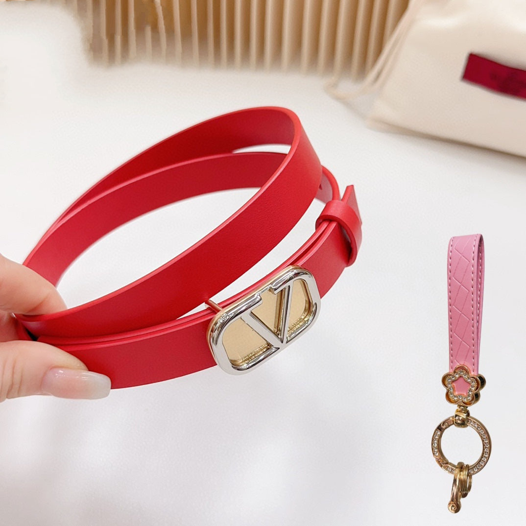 Gold Vlogo and Silver Hardware Buckle Red Calfskin 20mm - 30