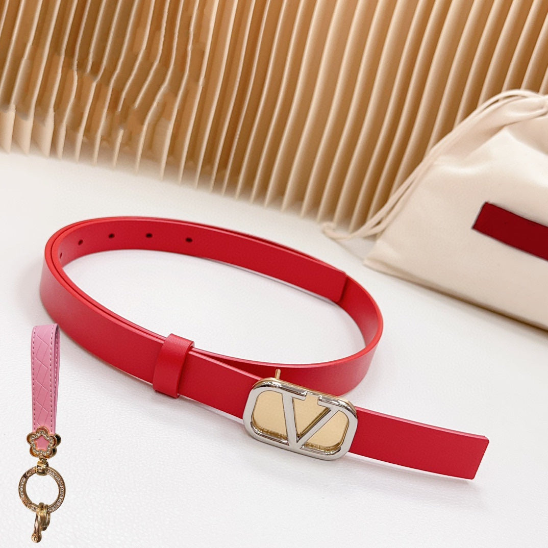 Gold Vlogo and Silver Hardware Buckle Red Calfskin 20mm - 30