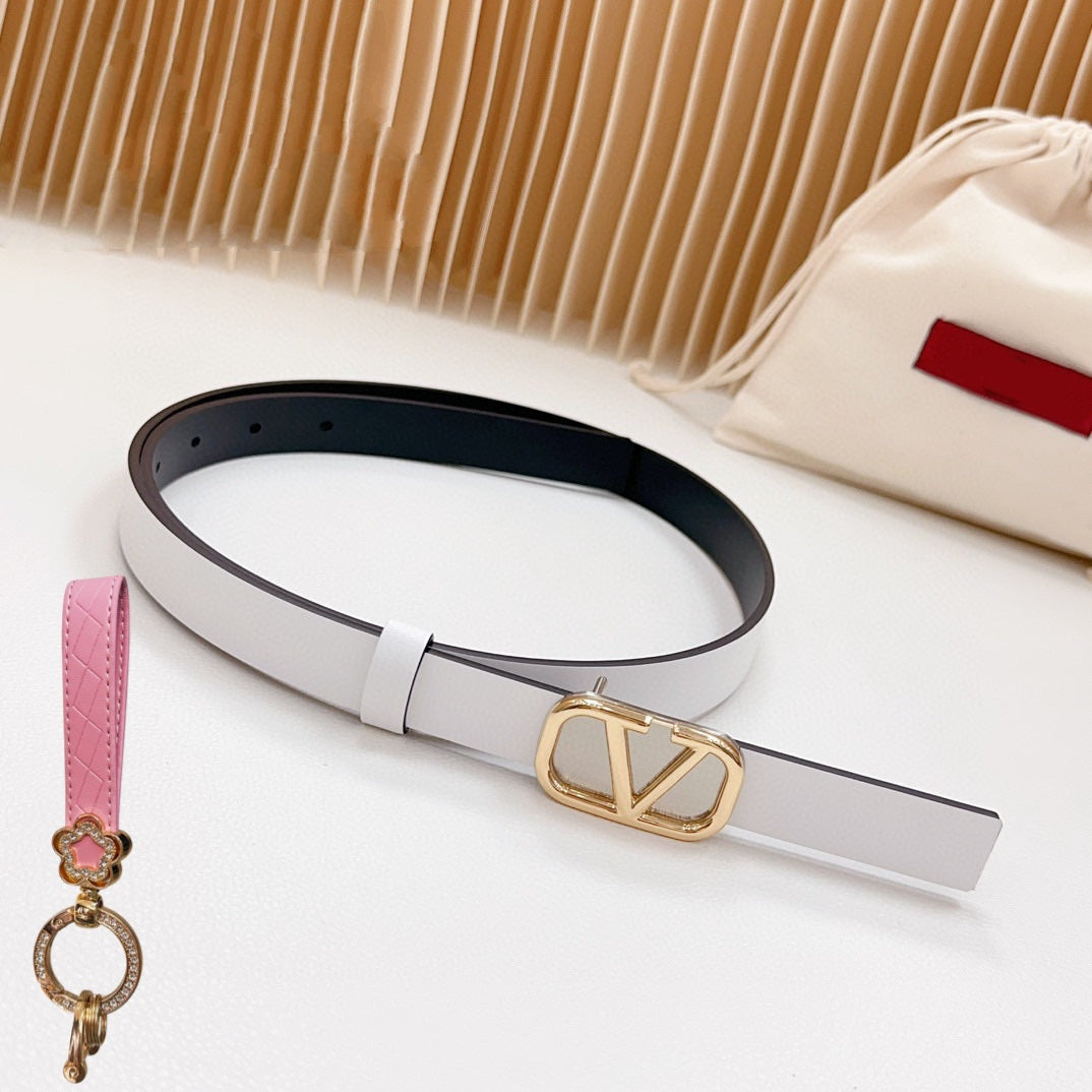 Gold Vlogo and Silver Hardware Buckle White Black Calfskin 20mm - 30