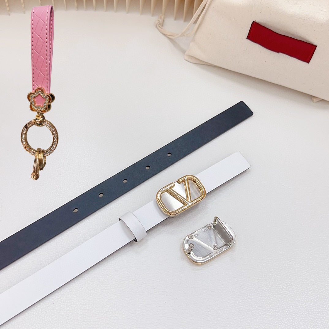 Gold Vlogo and Silver Hardware Buckle White Black Calfskin 20mm - 30