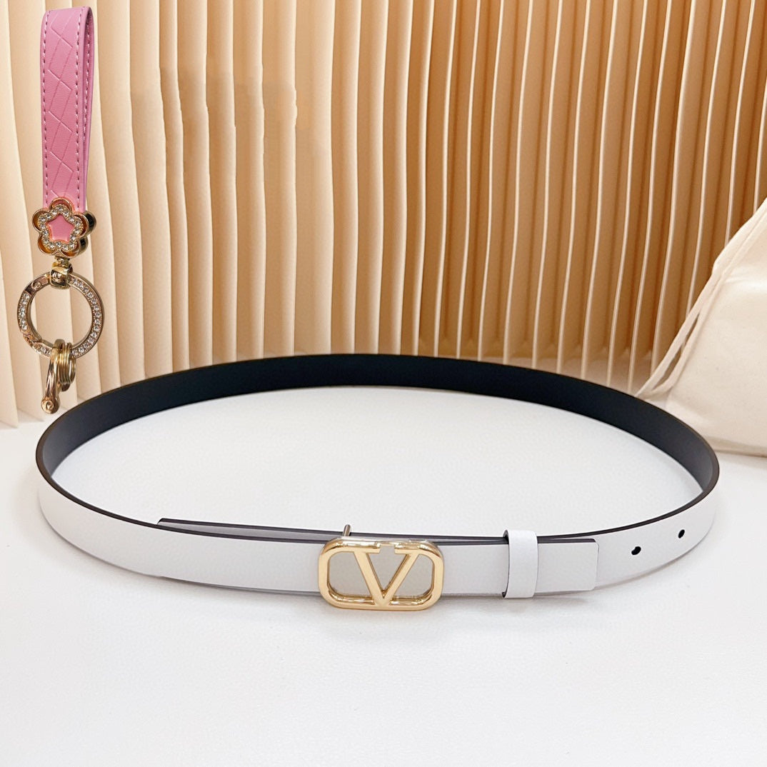 Gold Vlogo and Silver Hardware Buckle White Black Calfskin 20mm - 30