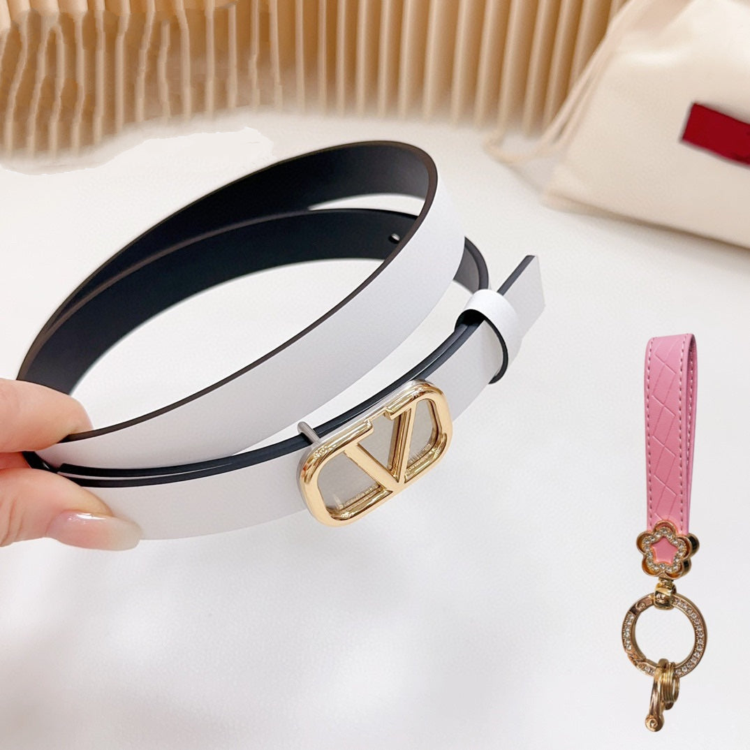 Gold Vlogo and Silver Hardware Buckle White Black Calfskin 20mm - 30