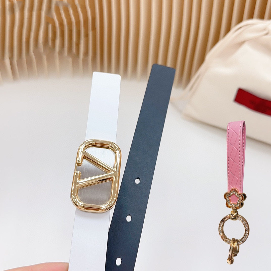 Gold Vlogo and Silver Hardware Buckle White Black Calfskin 20mm - 30