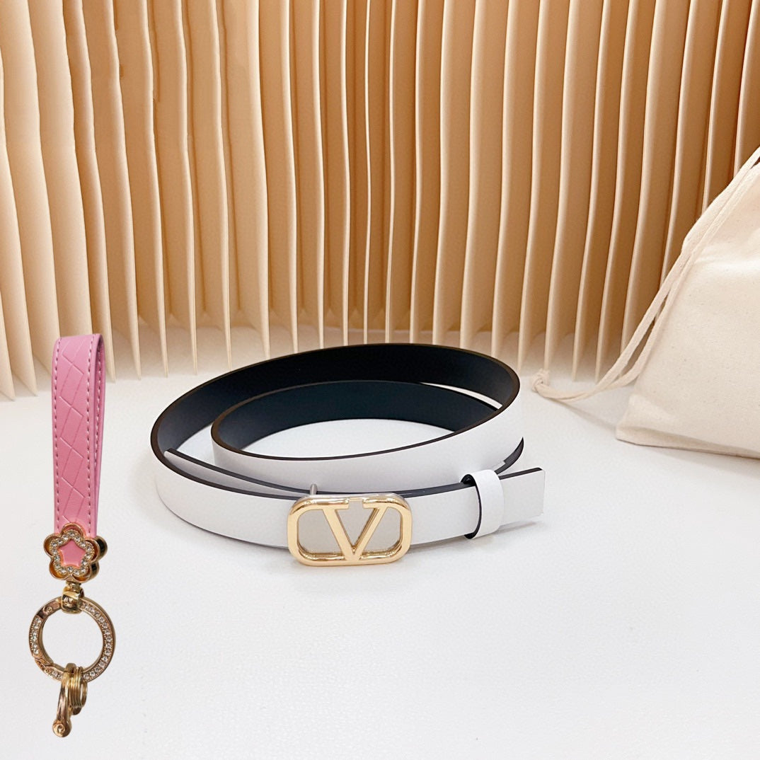 Gold Vlogo and Silver Hardware Buckle White Black Calfskin 20mm - 30