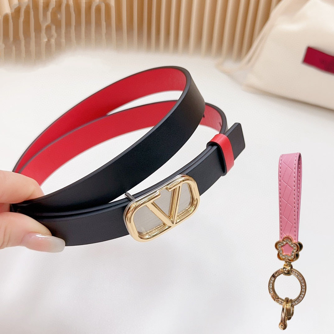 Gold Vlogo and Silver Hardware Buckle Black Red Calfskin 20mm - 30
