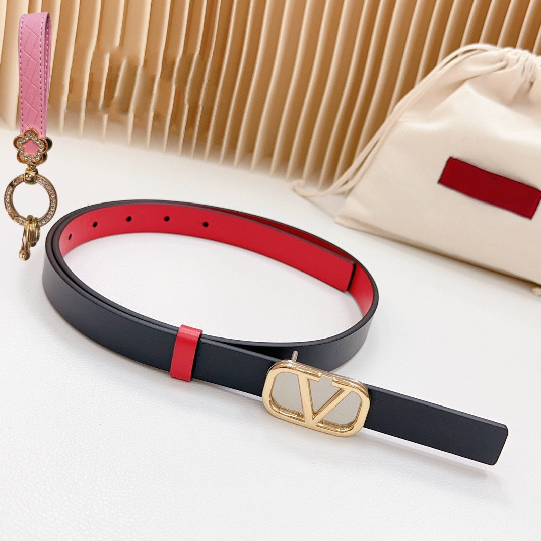 Gold Vlogo and Silver Hardware Buckle Black Red Calfskin 20mm - 30