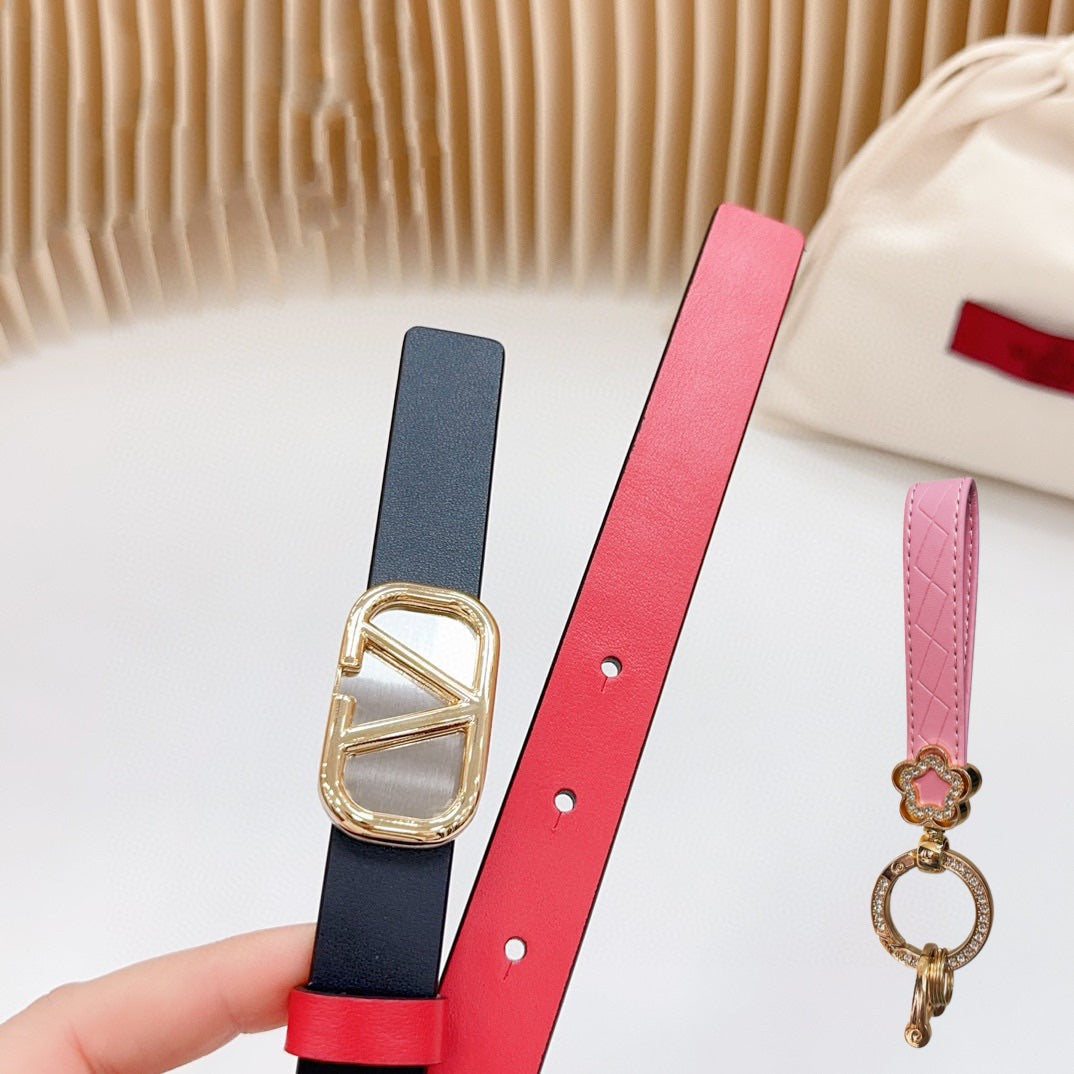 Gold Vlogo and Silver Hardware Buckle Black Red Calfskin 20mm - 30