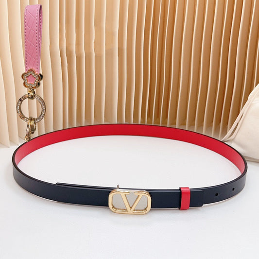 Gold Vlogo and Silver Hardware Buckle Black Red Calfskin 20mm - 30