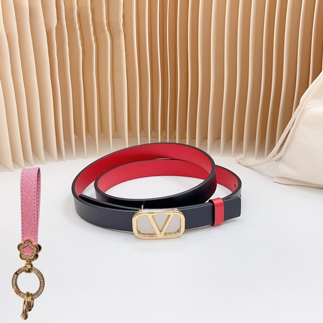 Gold Vlogo and Silver Hardware Buckle Black Red Calfskin 20mm - 30