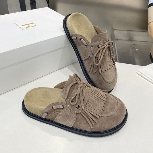 МЮЛІ THE ROW 26S FRINGE LACE UP З БАХРОМОЮ НА ШНУРІВЦІ З ЗАМШІ КОЛЬОРУ СІРО-КОРИЧНЕВИЙ ТАУП