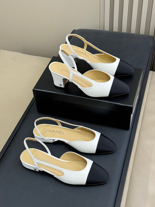 CC SLINGBACK 25S IN WHITE LAMBSKIN MIX BLACK FABRIC - 35 / 20mm