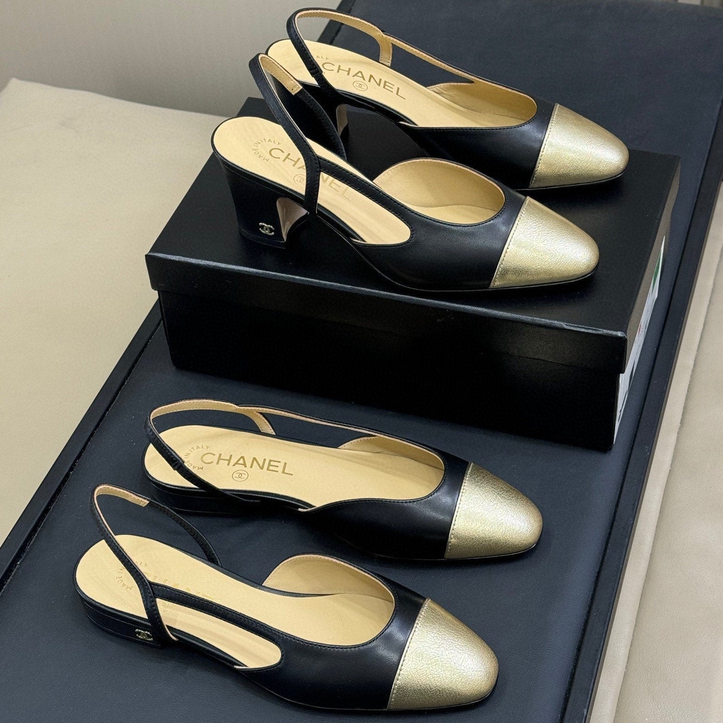 CC SLINGBACK 25S IN BLACK MIX GOLD LAMBSKIN - 35 / 20mm
