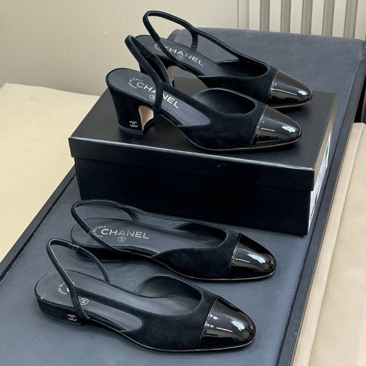 CC SLINGBACK 25S IN BLACK SUEDE AND GLOSSY LEATHER - 35 / 20mm