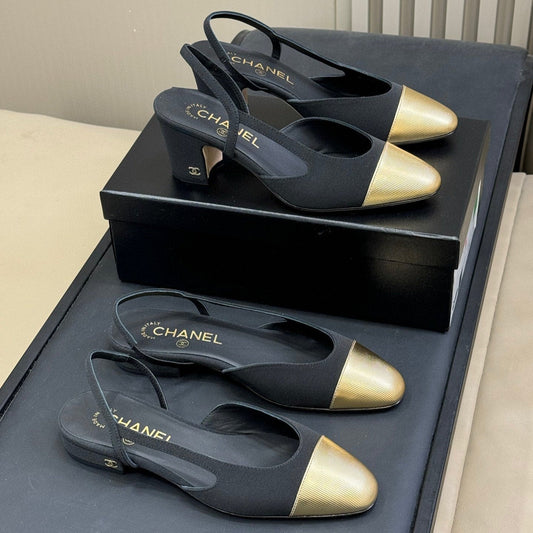 CC SLINGBACK 25S IN BLACK FABRIC MIX GOLD LAMBSKIN - 35 / 20mm