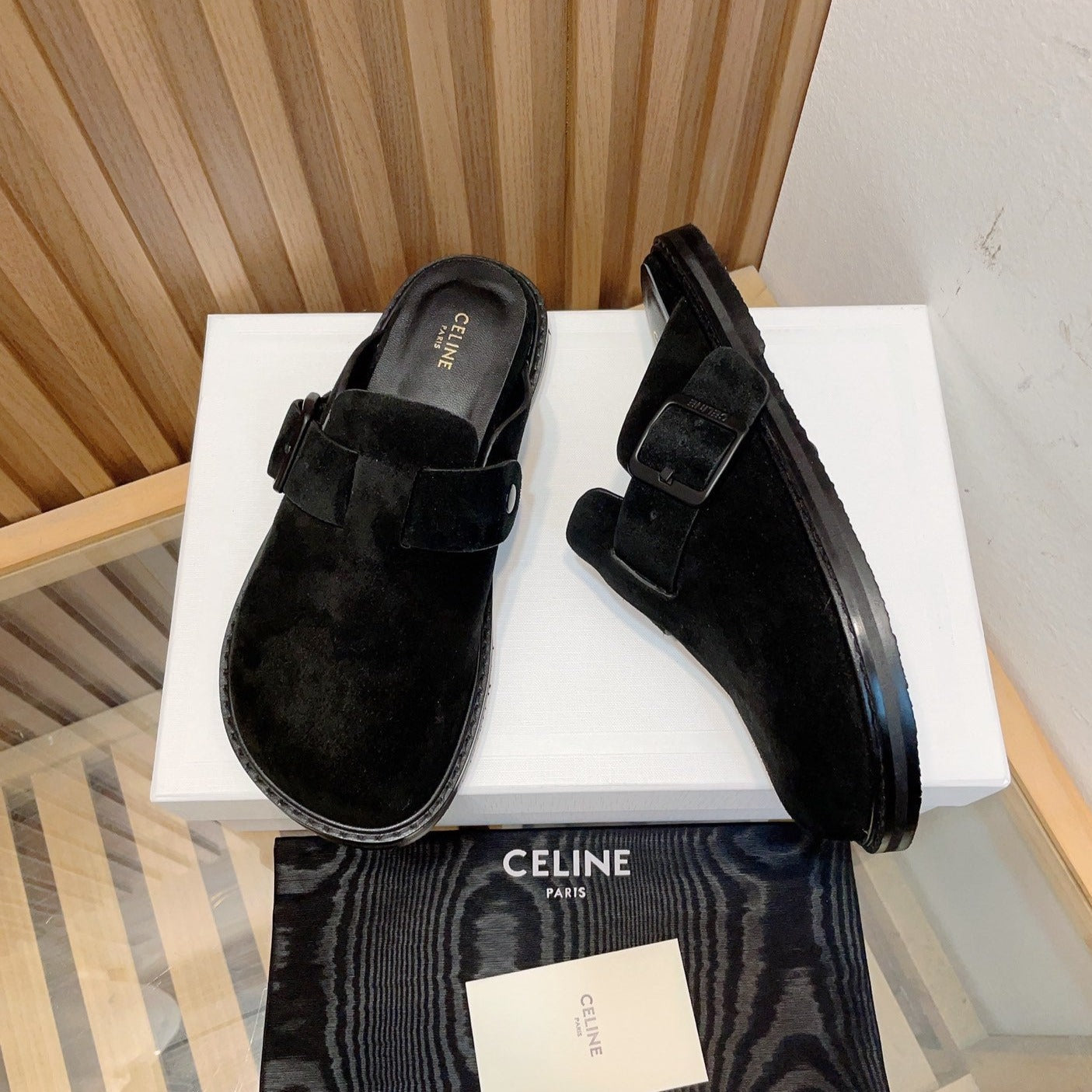 Slippers Buckle Detail Suede Black - 35