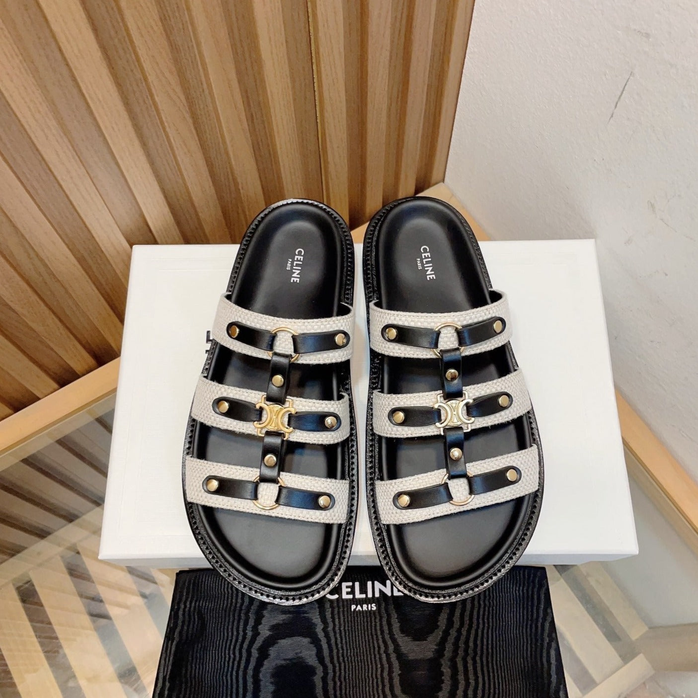 TIPPI SLIDE IN CANVAS & CALFSKIN NATURAL WHITE / BLACK - 35