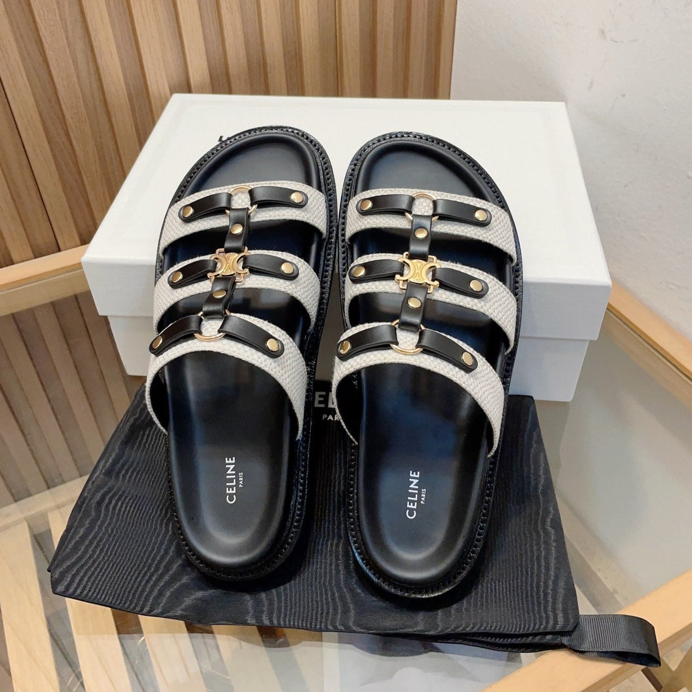 TIPPI SLIDE IN CANVAS & CALFSKIN NATURAL WHITE / BLACK - 35