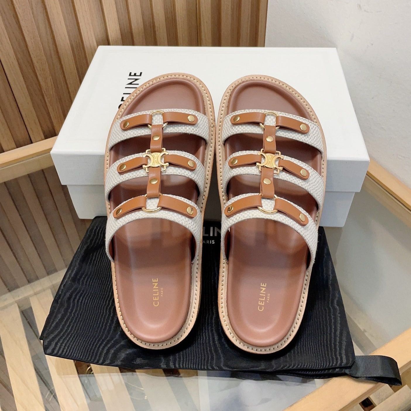 TIPPI SLIDE IN CANVAS & CALFSKIN NATURAL WHITE / TAN - 35
