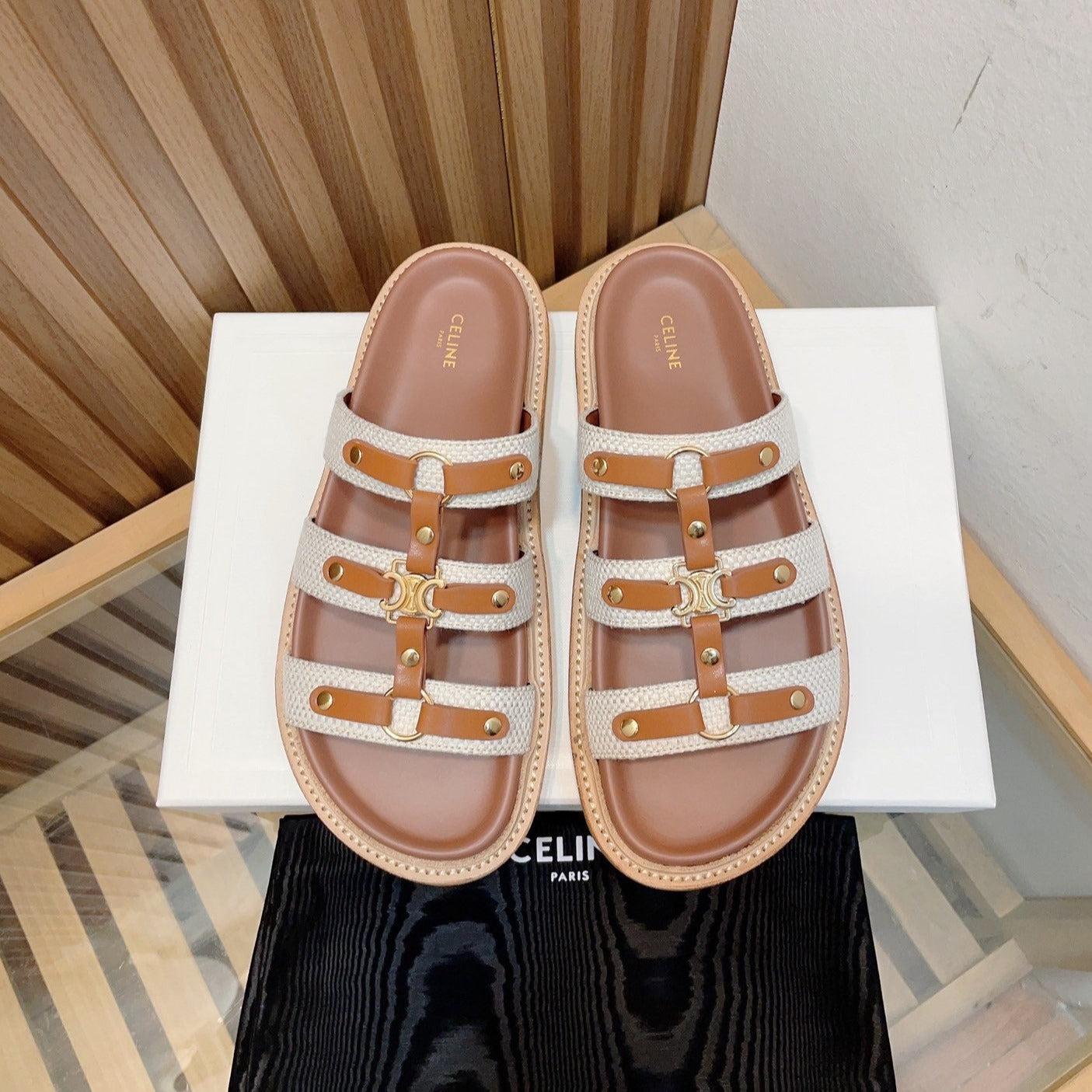 TIPPI SLIDE IN CANVAS & CALFSKIN NATURAL WHITE / TAN - 35