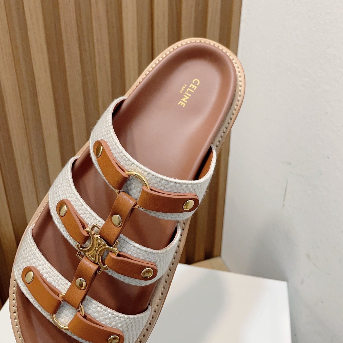 TIPPI SLIDE IN CANVAS & CALFSKIN NATURAL WHITE / TAN - 35