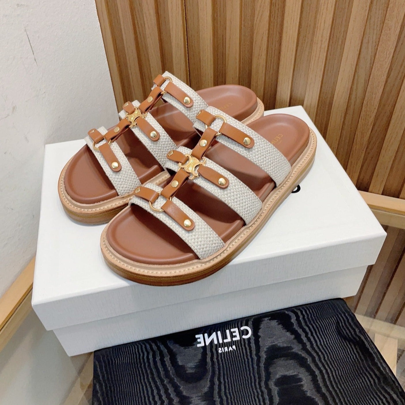 TIPPI SLIDE IN CANVAS & CALFSKIN NATURAL WHITE / TAN - 35