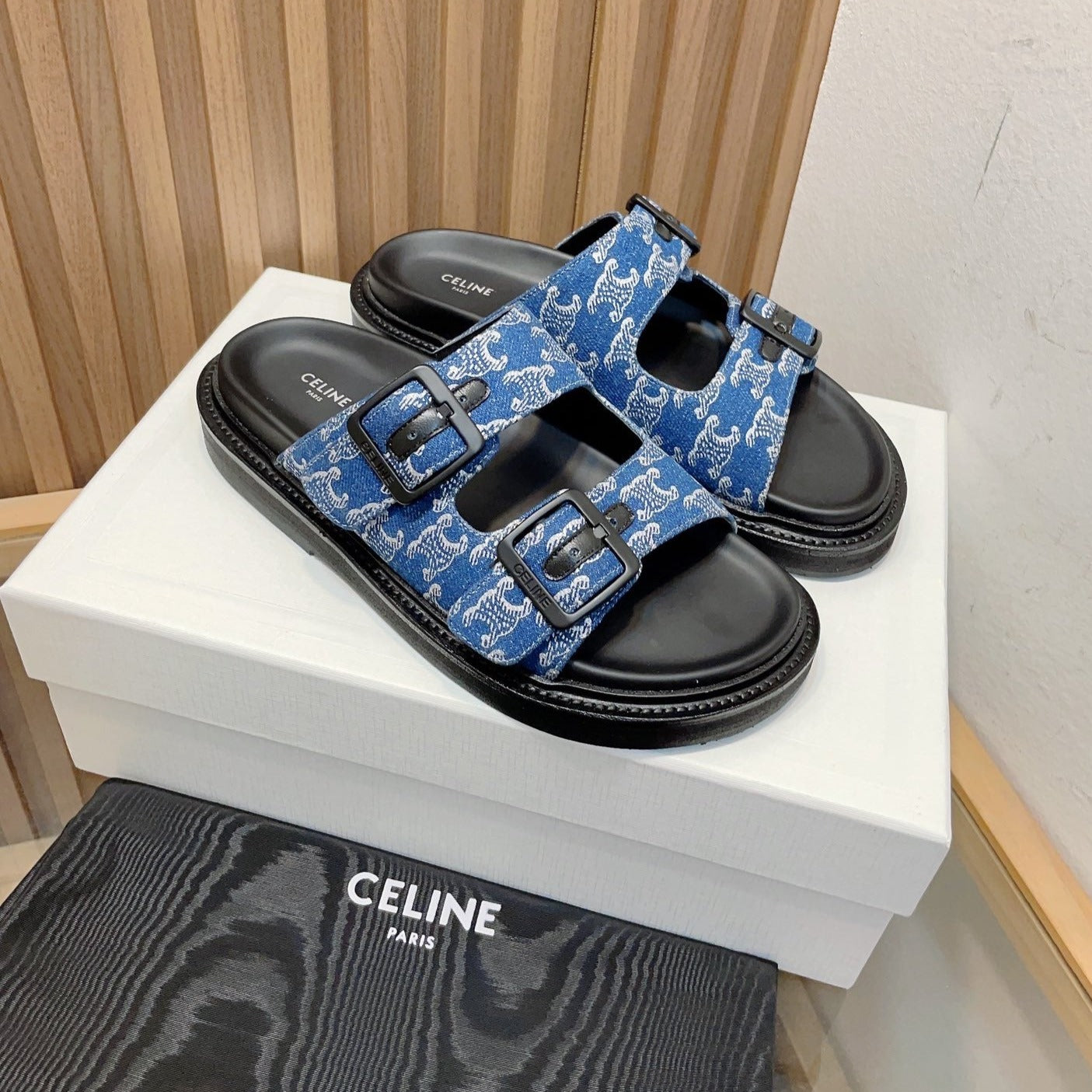 TWIN-STRAP SANDALS WITH SUEDE UPPERS AND BUCKLE CLOSURE COBALT BLUE BLACK CARO - 35