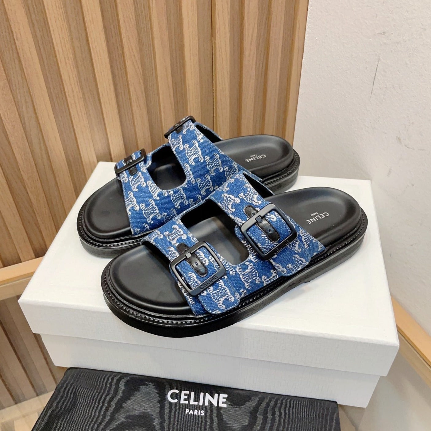 TWIN-STRAP SANDALS WITH SUEDE UPPERS AND BUCKLE CLOSURE COBALT BLUE BLACK CARO - 35