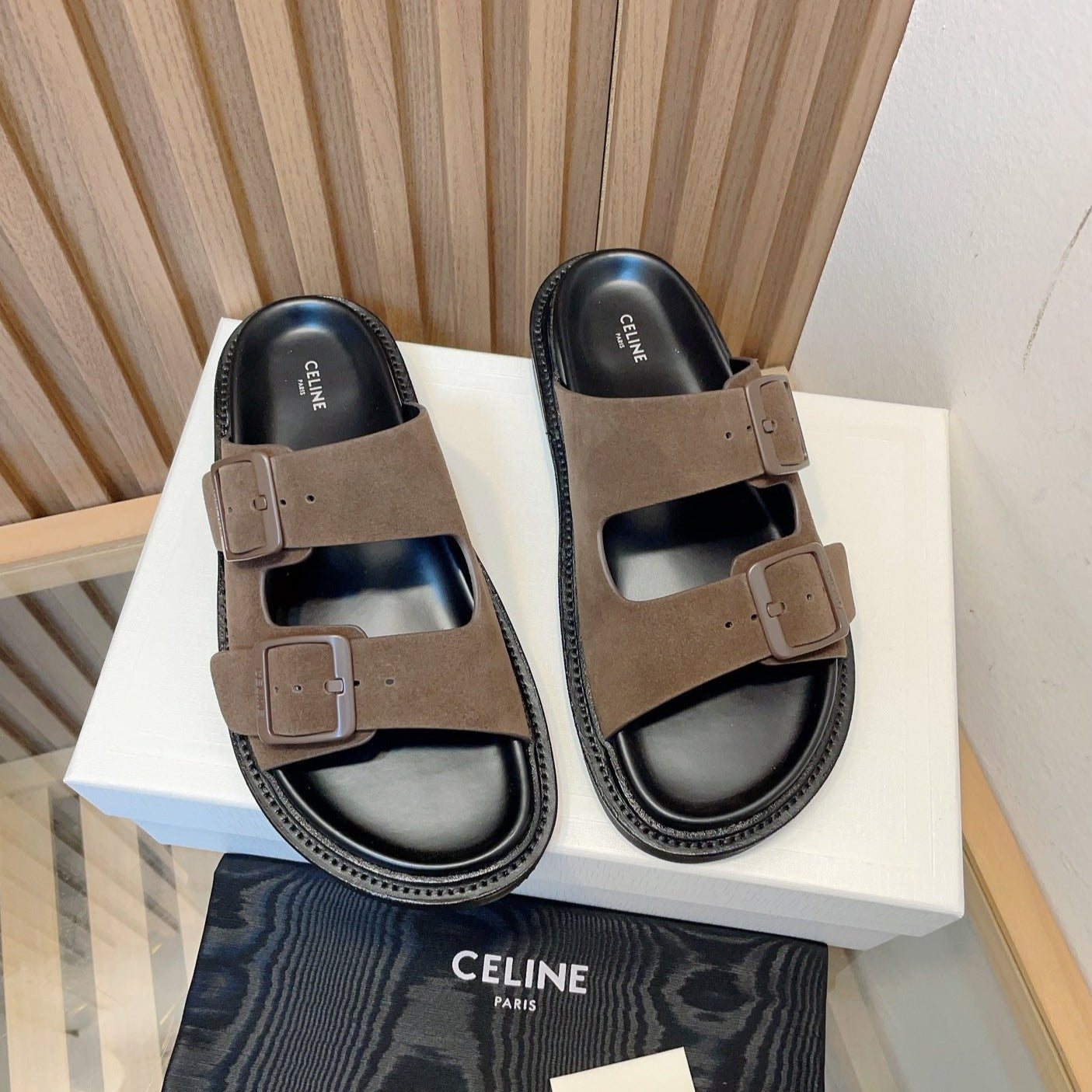 TWIN-STRAP SANDALS WITH SUEDE UPPERS AND BUCKLE CLOSURE BROWN - 35