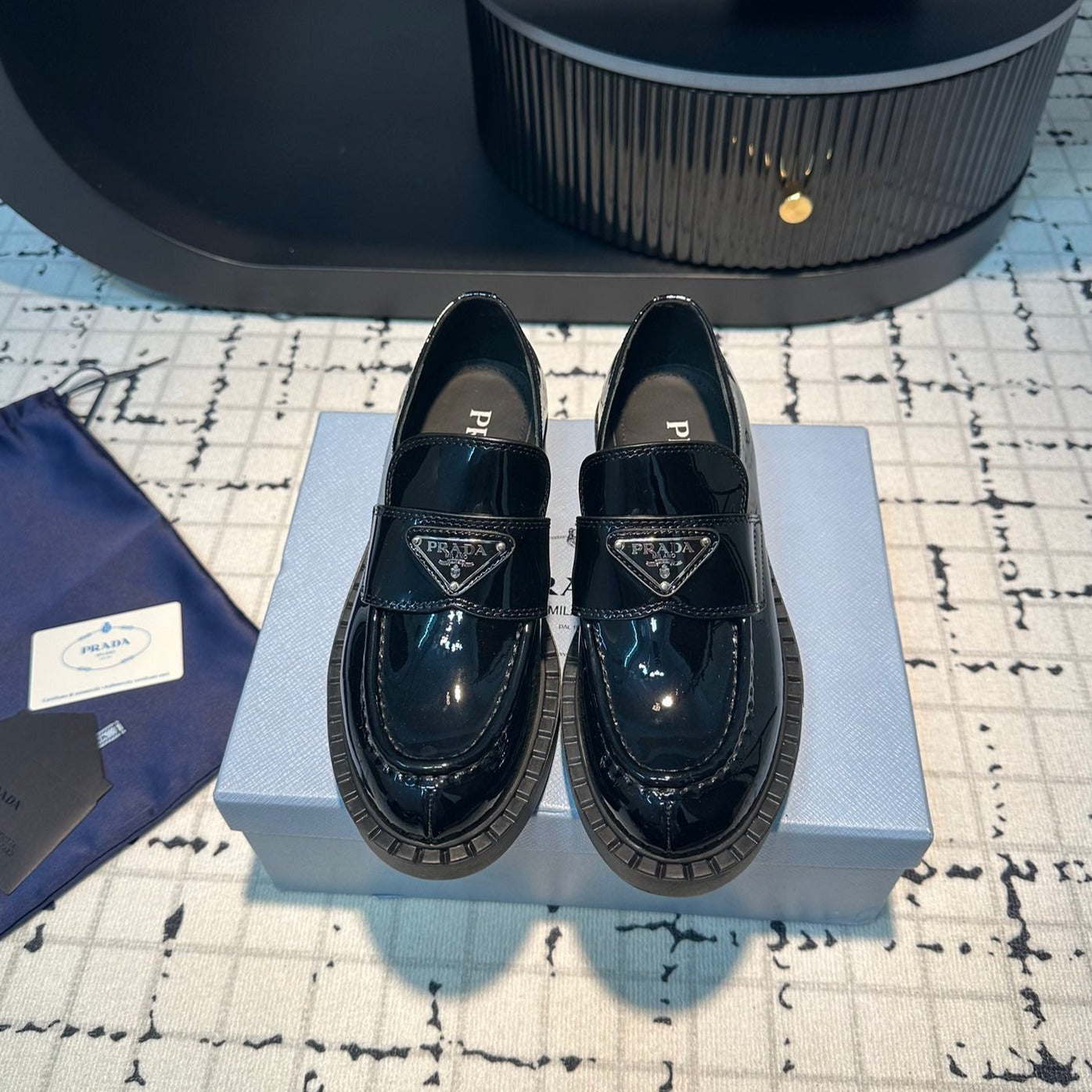 PRA SCHOCOLATE BRUSHED LOAFERS GLOSSY BLACK CALFSKIN - 34