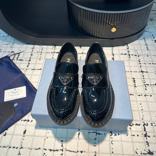 PRA SCHOCOLATE BRUSHED LOAFERS GLOSSY BLACK CALFSKIN - 34