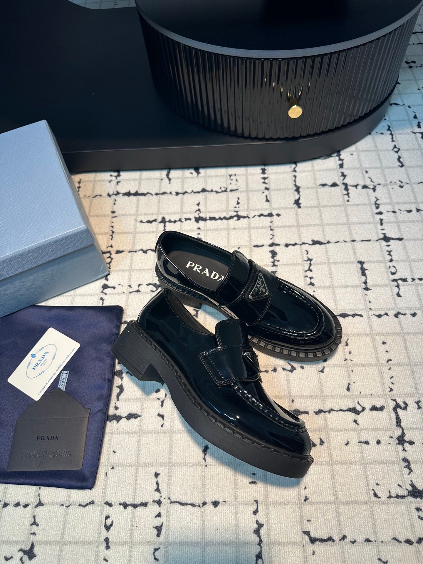 PRA SCHOCOLATE BRUSHED LOAFERS GLOSSY BLACK CALFSKIN - 34