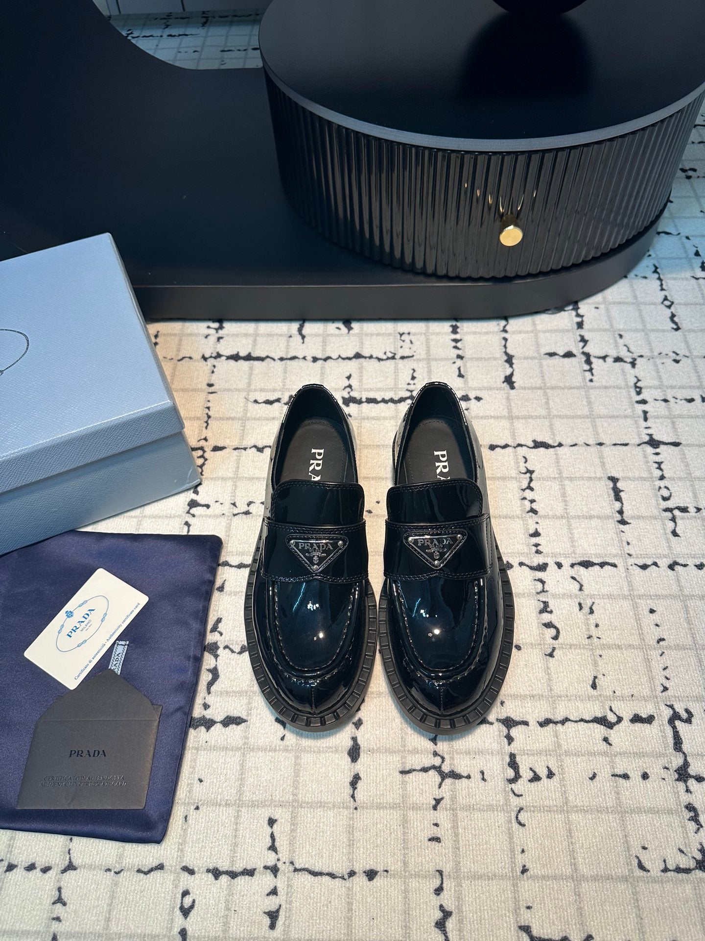 PRA SCHOCOLATE BRUSHED LOAFERS GLOSSY BLACK CALFSKIN - 34