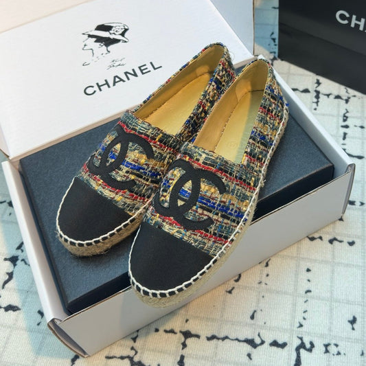 ESPADRILLES LOAFERS IN MULTICOLOR TWEED AND BLACK SATIN - 34